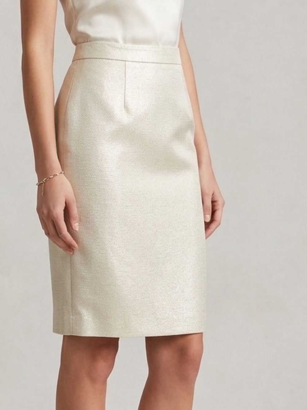 Vintage Y2K Carmen Marc Valvo Metallic off White Pencil Skirt Women sz 6